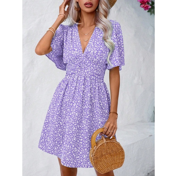 Purple Ditsy Floral Mini Dress V-Neck Butterfly Short Sleeve - Picture 2 of 8